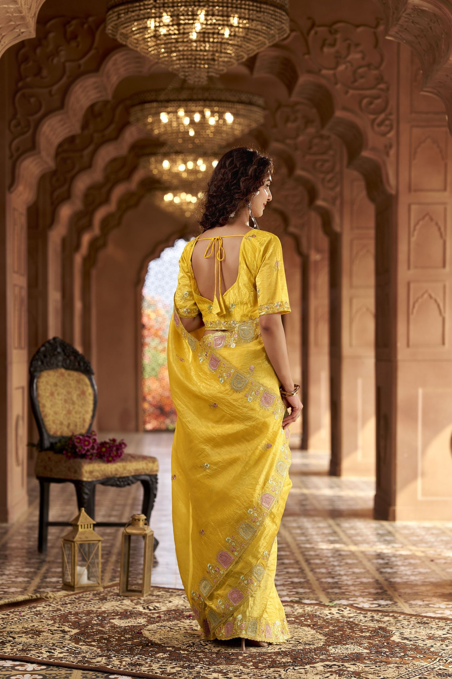 Bright Yellow Organza Saree Multicolor Embroidered Border