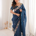 Elegant Navy Blue Organza Saree Multicolor Embroidered Border