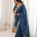 Elegant Navy Blue Organza Saree Multicolor Embroidered Border