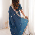 Elegant Navy Blue Organza Saree Multicolor Embroidered Border