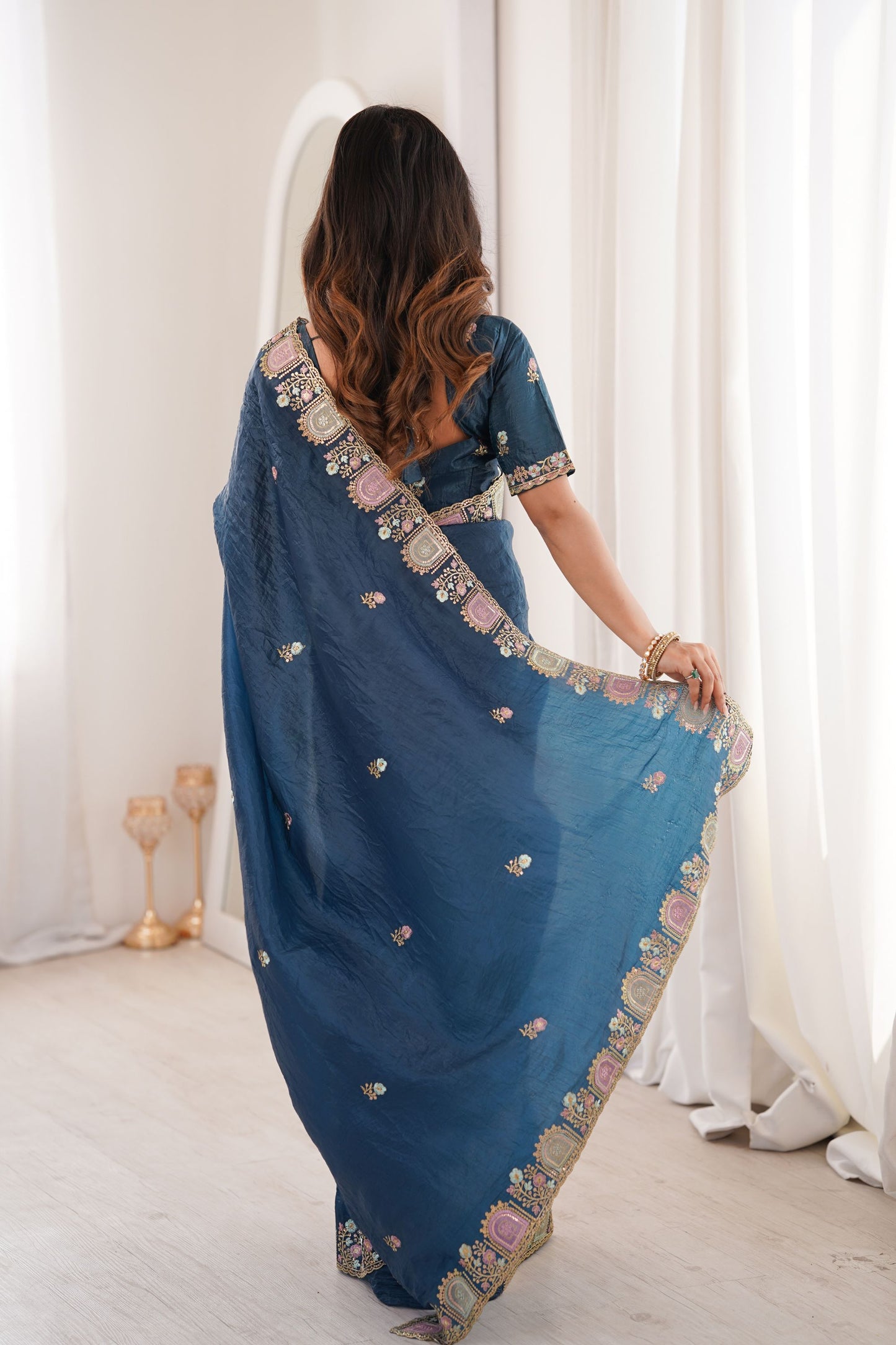 Elegant Navy Blue Organza Saree Multicolor Embroidered Border