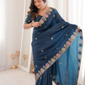 Elegant Navy Blue Organza Saree Multicolor Embroidered Border