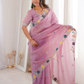 Elegant Dusty Pink Organza Saree with Multicolor Embroidered Border