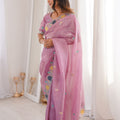 Elegant Dusty Pink Organza Saree with Multicolor Embroidered Border