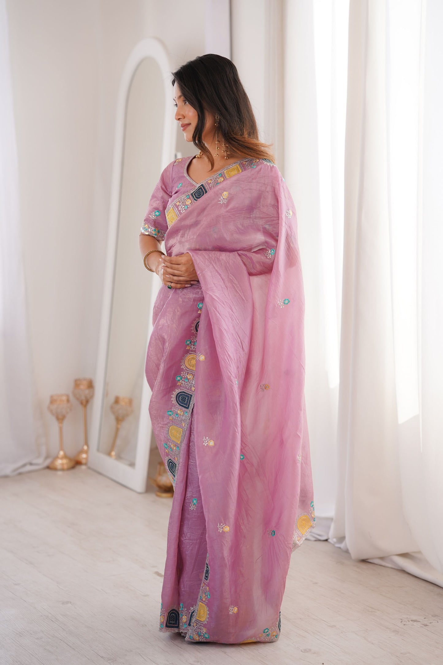 Elegant Dusty Pink Organza Saree with Multicolor Embroidered Border