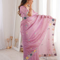 Elegant Dusty Pink Organza Saree with Multicolor Embroidered Border