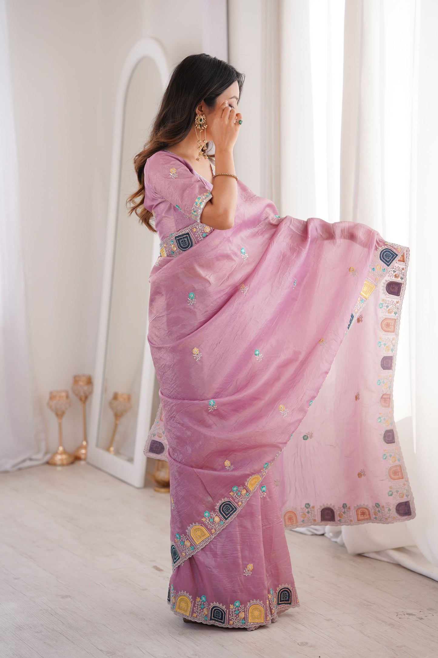 Elegant Dusty Pink Organza Saree with Multicolor Embroidered Border