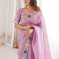 Elegant Dusty Pink Organza Saree with Multicolor Embroidered Border