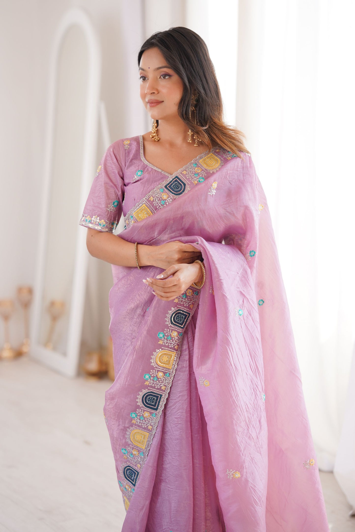 Elegant Dusty Pink Organza Saree with Multicolor Embroidered Border