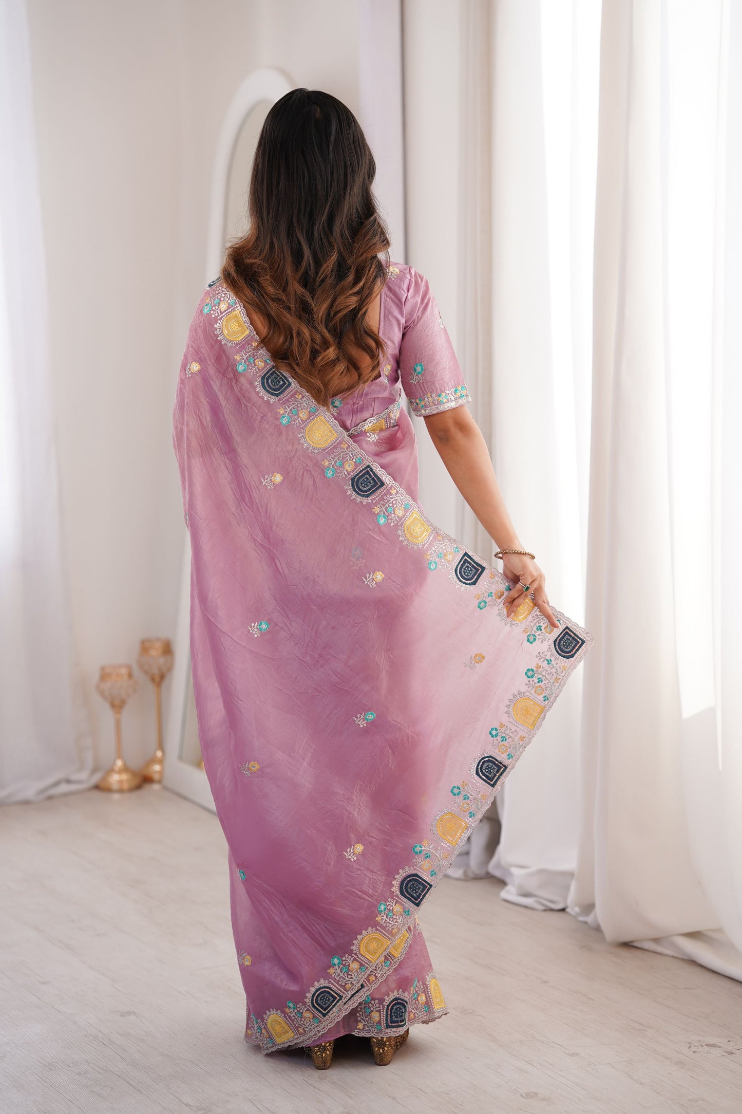 Elegant Dusty Pink Organza Saree with Multicolor Embroidered Border