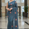 Blue Floral Embroidered Saree Designer Party Wear Saree
