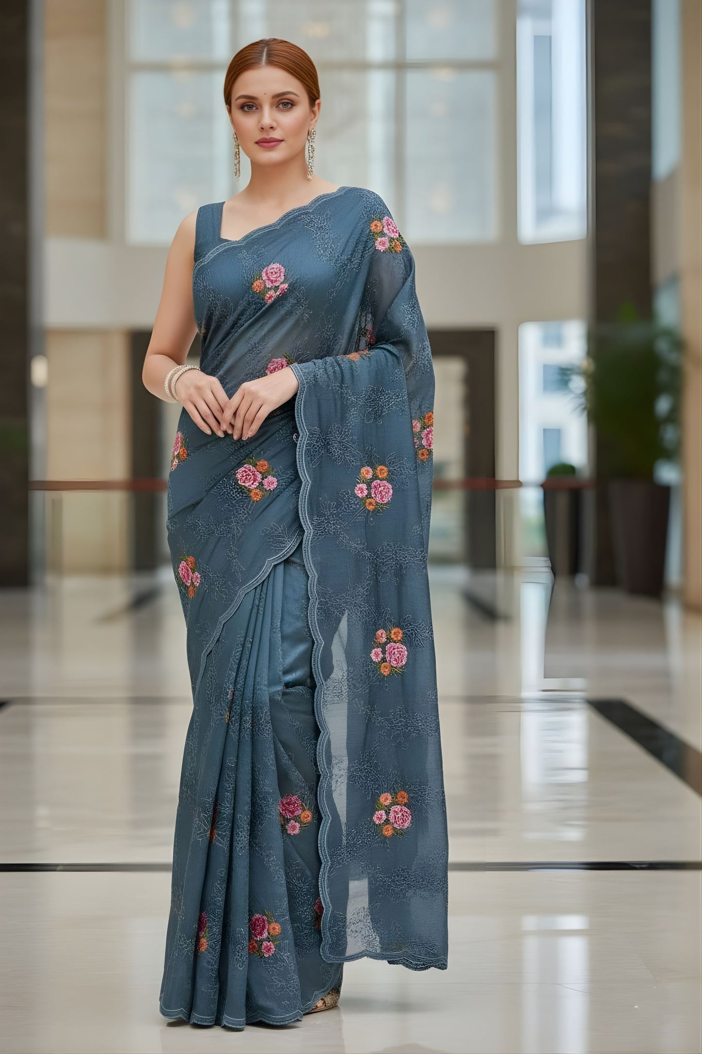Blue Floral Embroidered Saree Designer Party Wear Saree