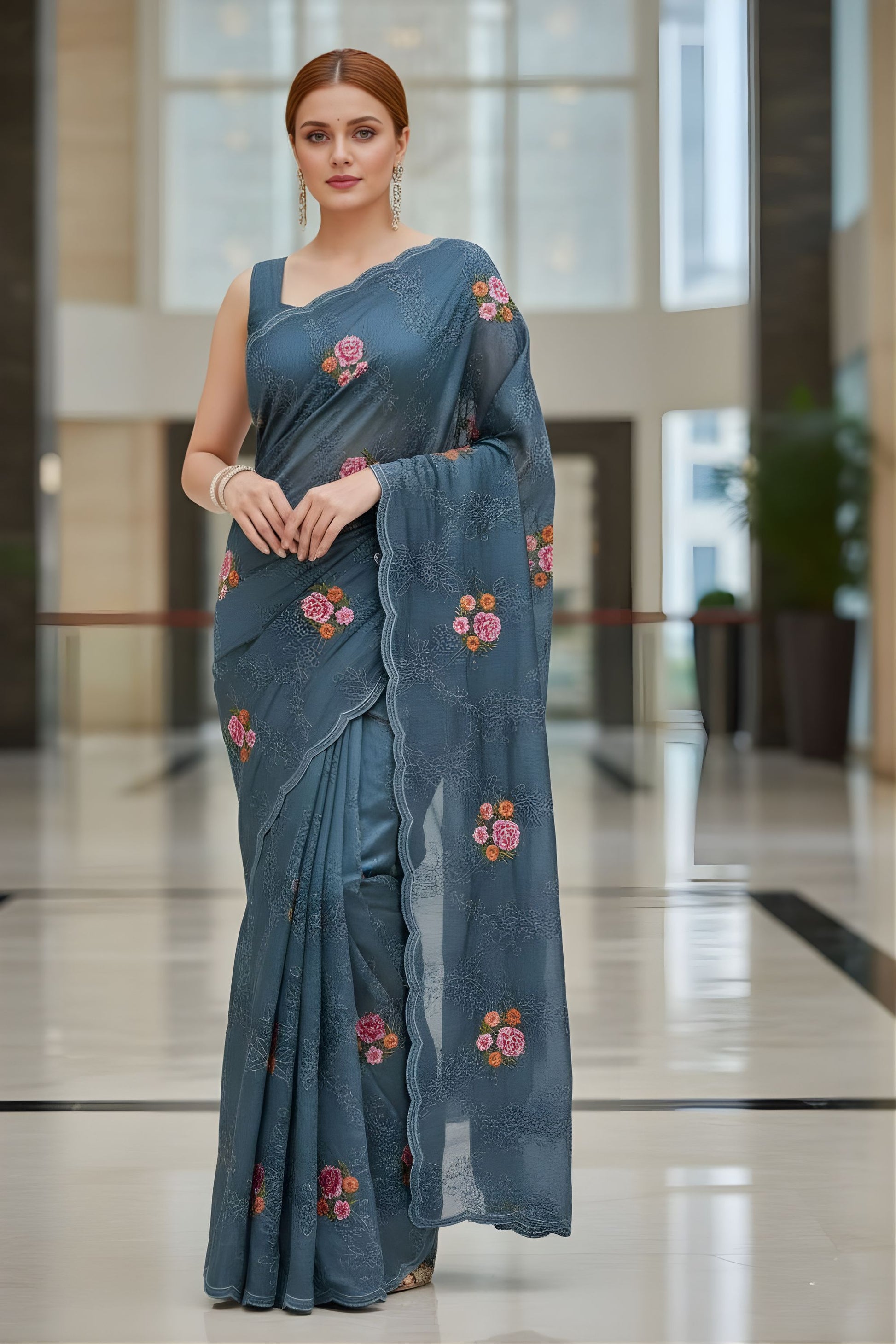 Blue Floral Embroidered Saree Designer Party Wear Saree