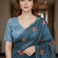 Blue Floral Embroidered Saree Designer Party Wear Saree