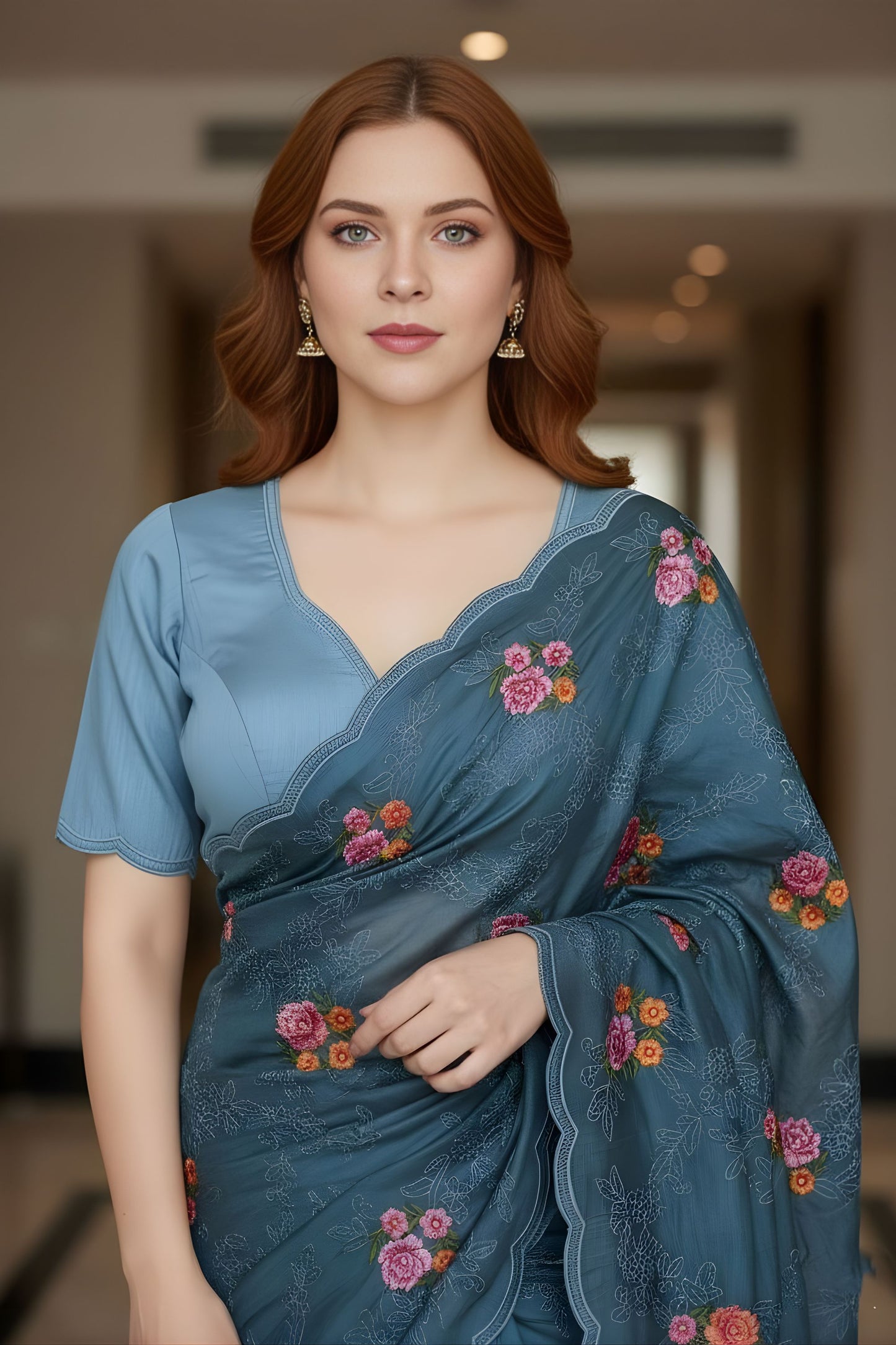 Blue Floral Embroidered Saree Designer Party Wear Saree