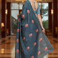 Blue Floral Embroidered Saree Designer Party Wear Saree