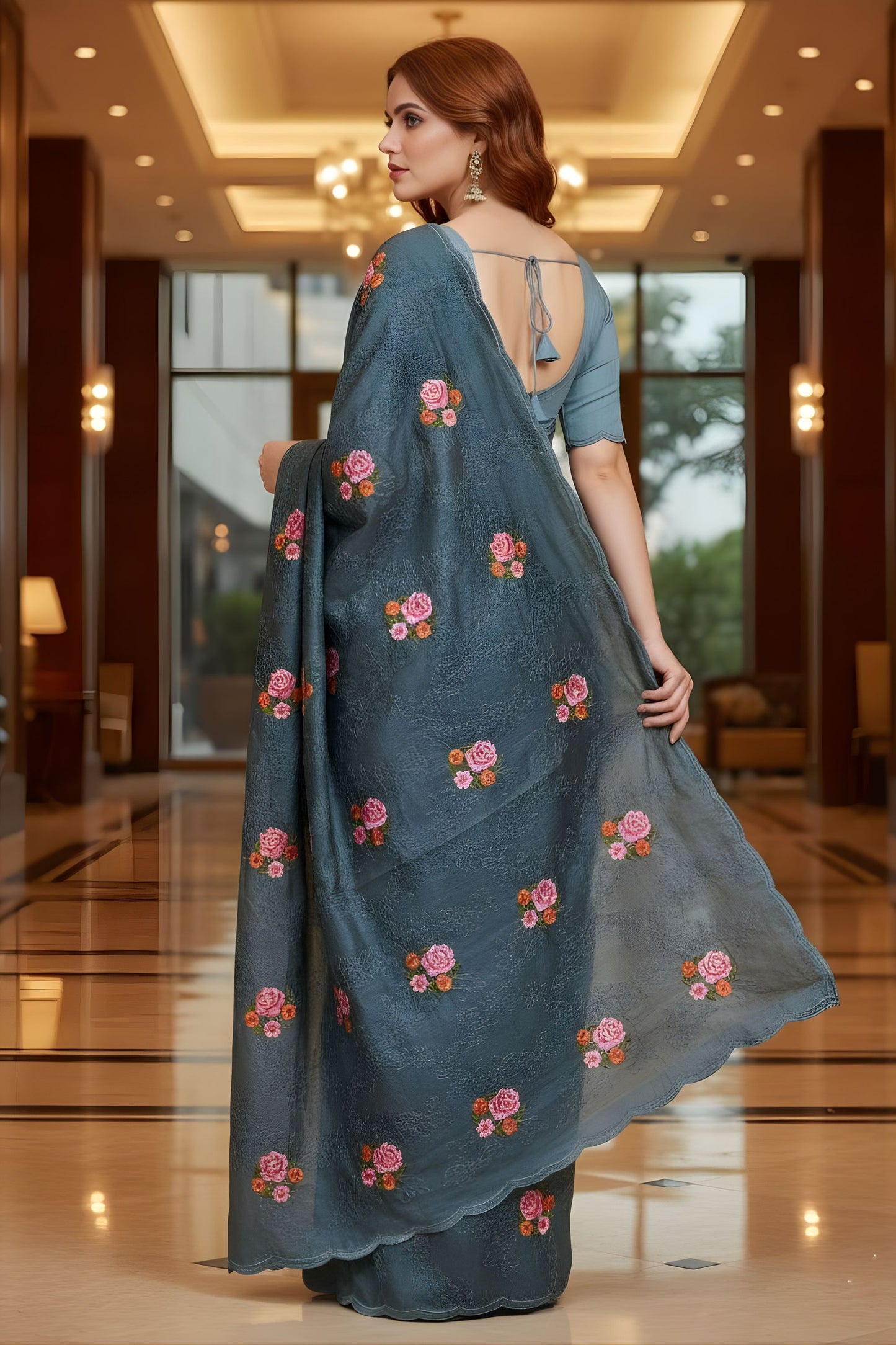 Blue Floral Embroidered Saree Designer Party Wear Saree
