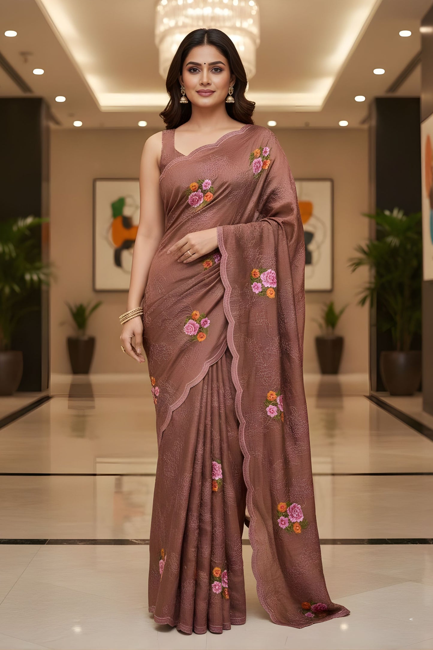 Coffee Brown Floral Embroidered Saree Designer Saree