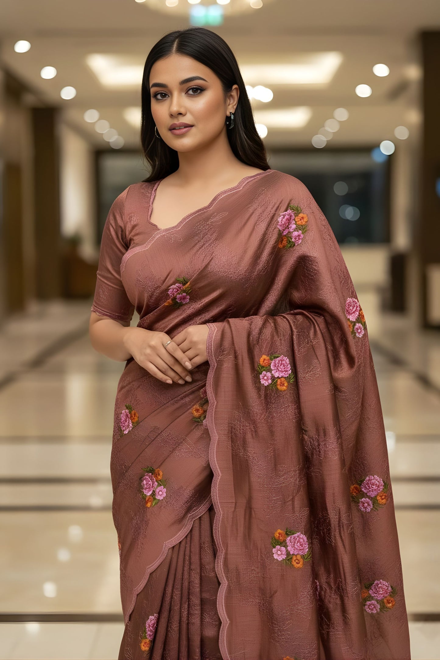 Coffee Brown Floral Embroidered Saree Designer Saree