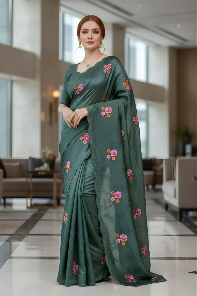 Dark Green Floral Embroidered Saree Designer Saree