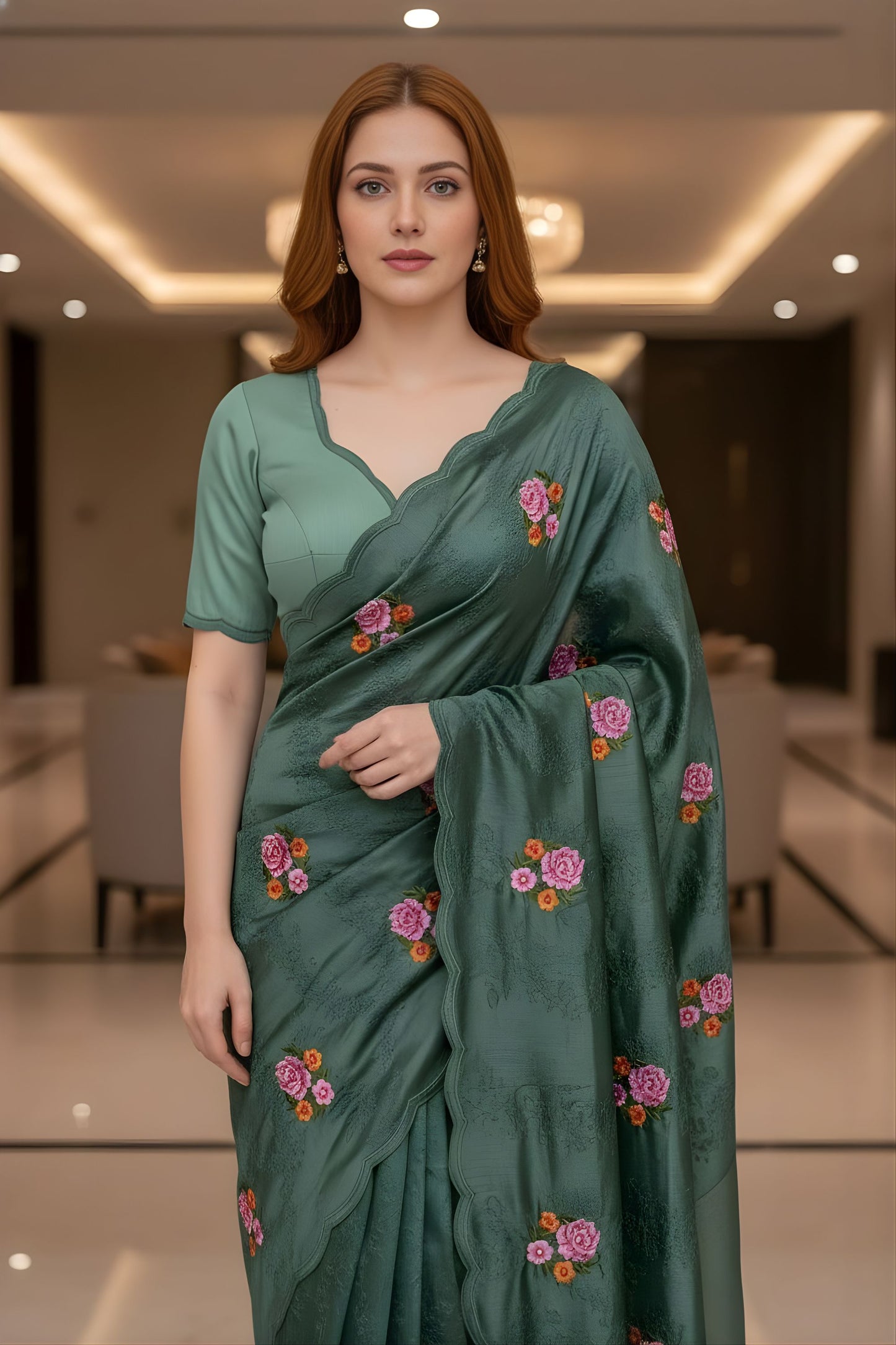 Dark Green Floral Embroidered Saree Designer Saree