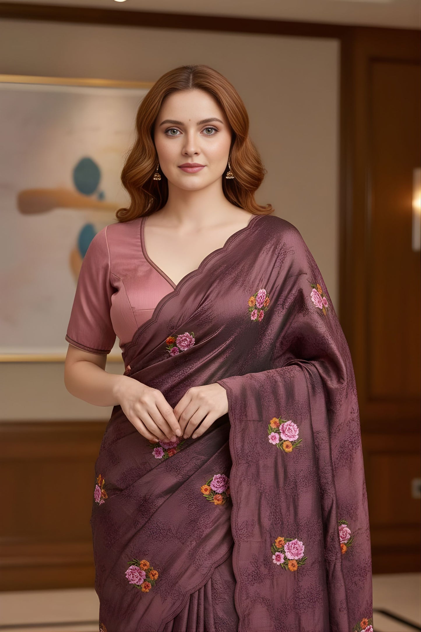 Wine Purple Floral Embroidered Saree Designer Saree