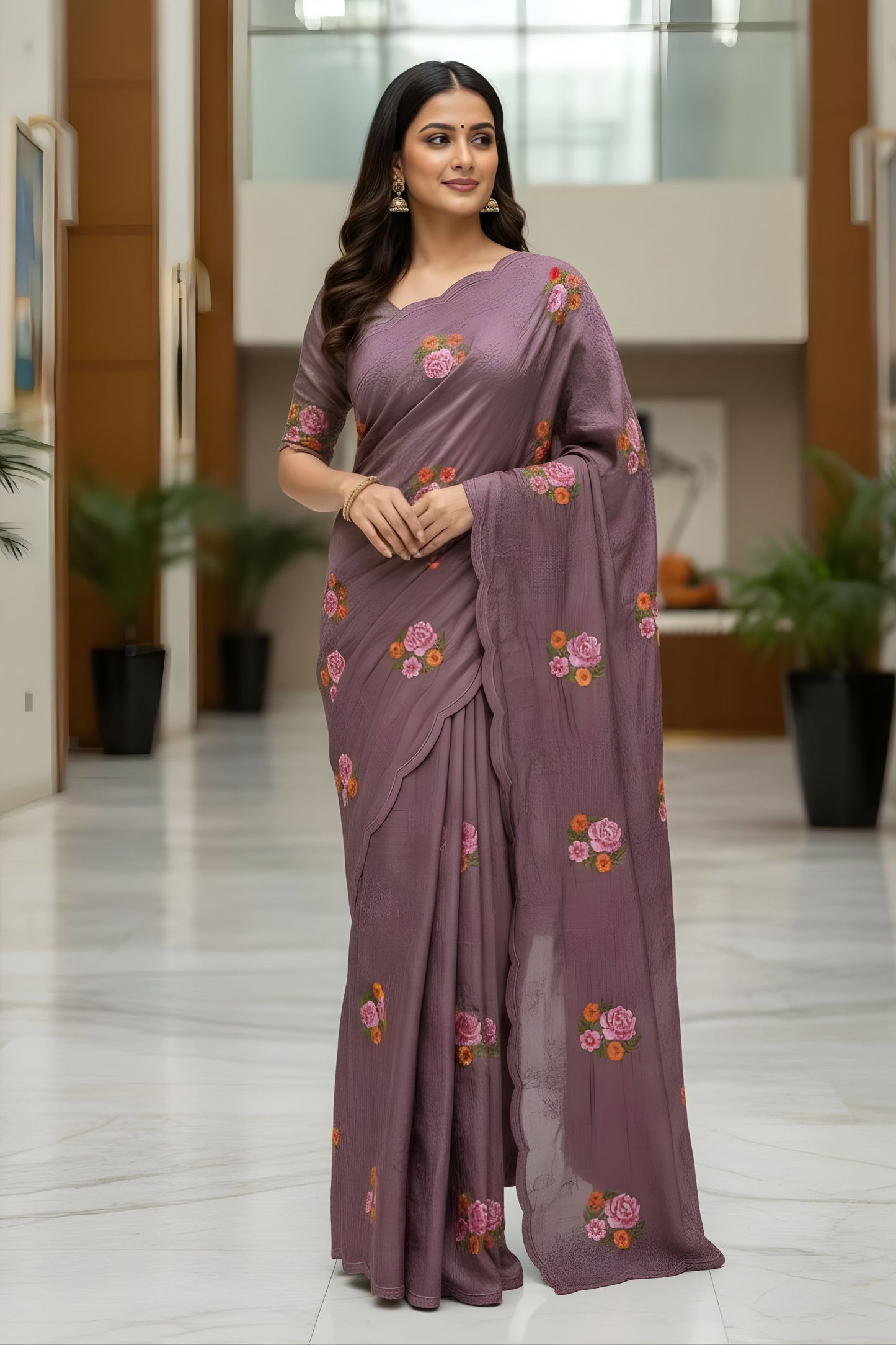 Elegant Mauve Floral Embroidered Saree Designer Saree