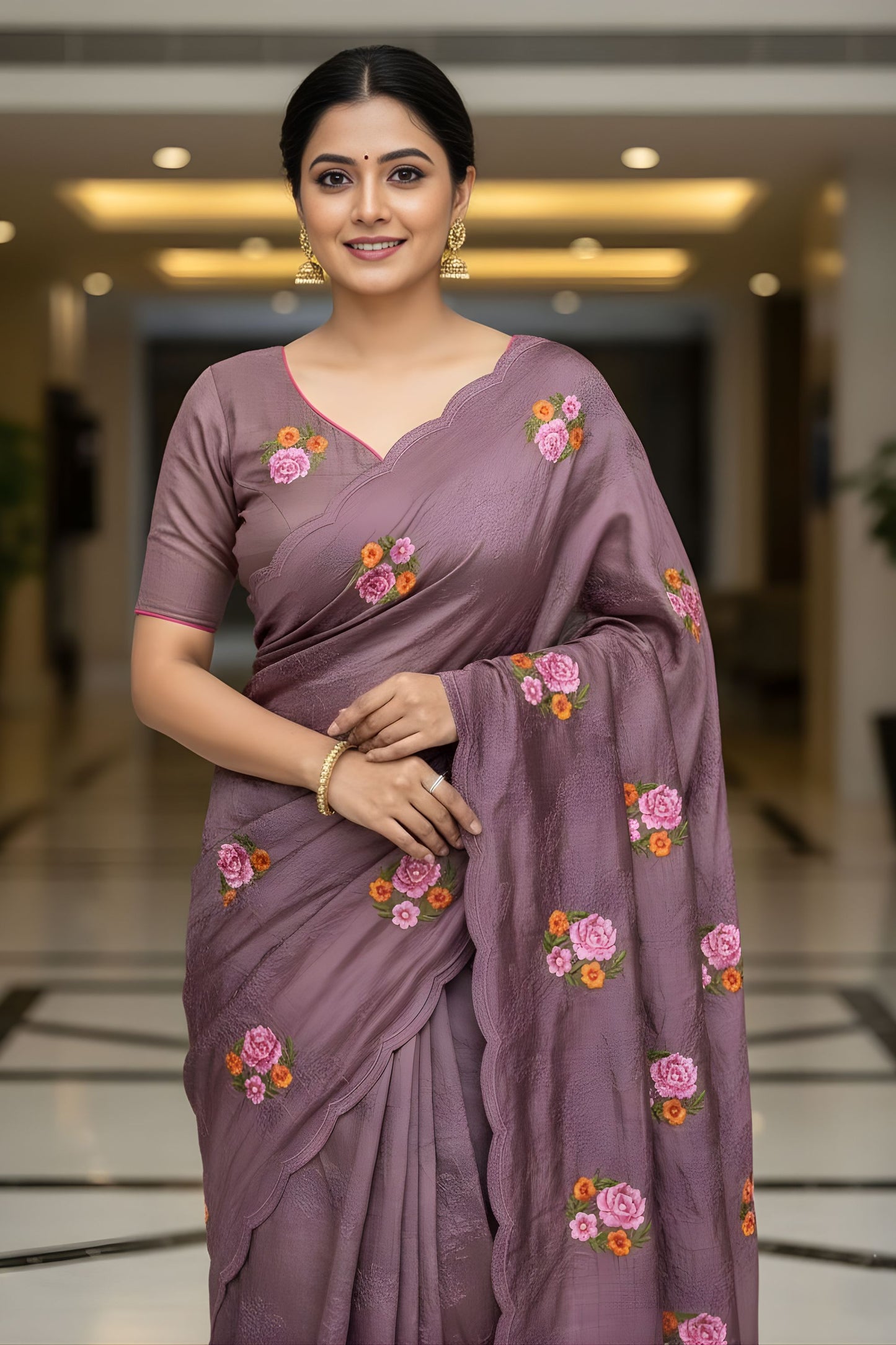 Elegant Mauve Floral Embroidered Saree Designer Saree