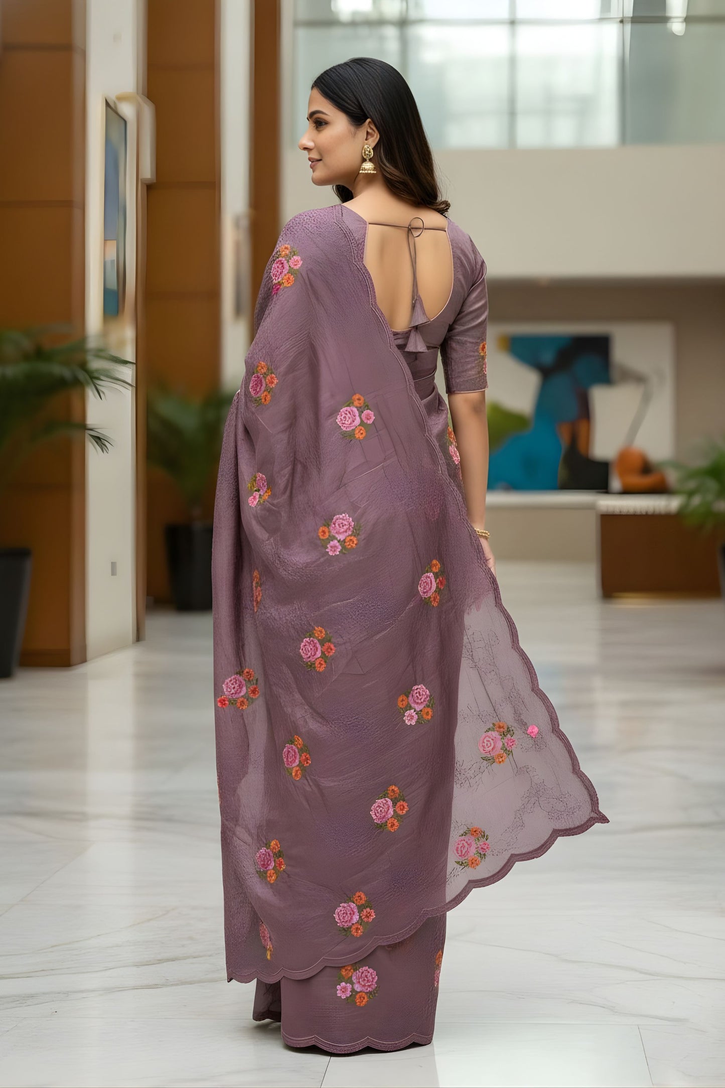 Elegant Mauve Floral Embroidered Saree Designer Saree