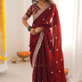 Wine Red Embroidered Saree Designer Border Festive Wear