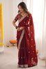 Wine Red Embroidered Saree Designer Border Festive Wear
