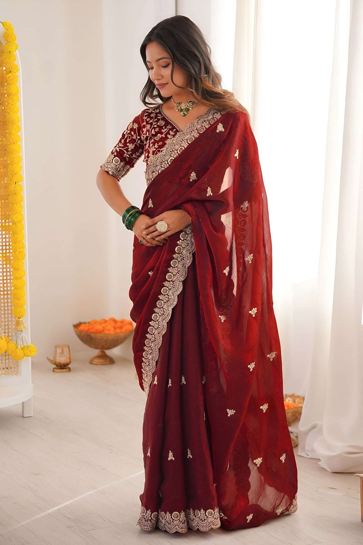 Wine Red Embroidered Saree Designer Border Festive Wear
