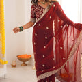 Wine Red Embroidered Saree Designer Border Festive Wear