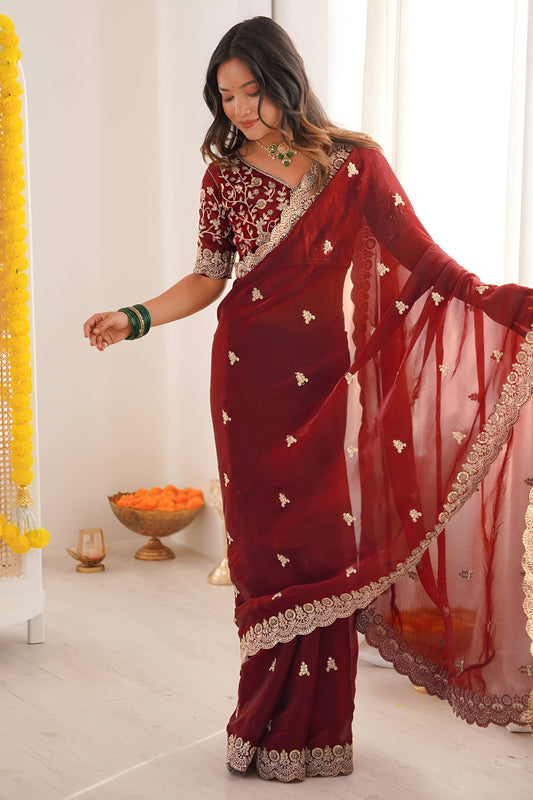 Wine Red Embroidered Saree Designer Border Festive Wear