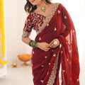 Wine Red Embroidered Saree Designer Border Festive Wear
