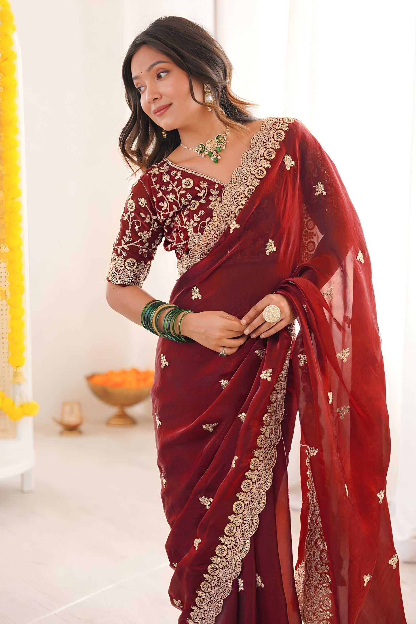 Wine Red Embroidered Saree Designer Border Festive Wear
