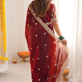 Wine Red Embroidered Saree Designer Border Festive Wear