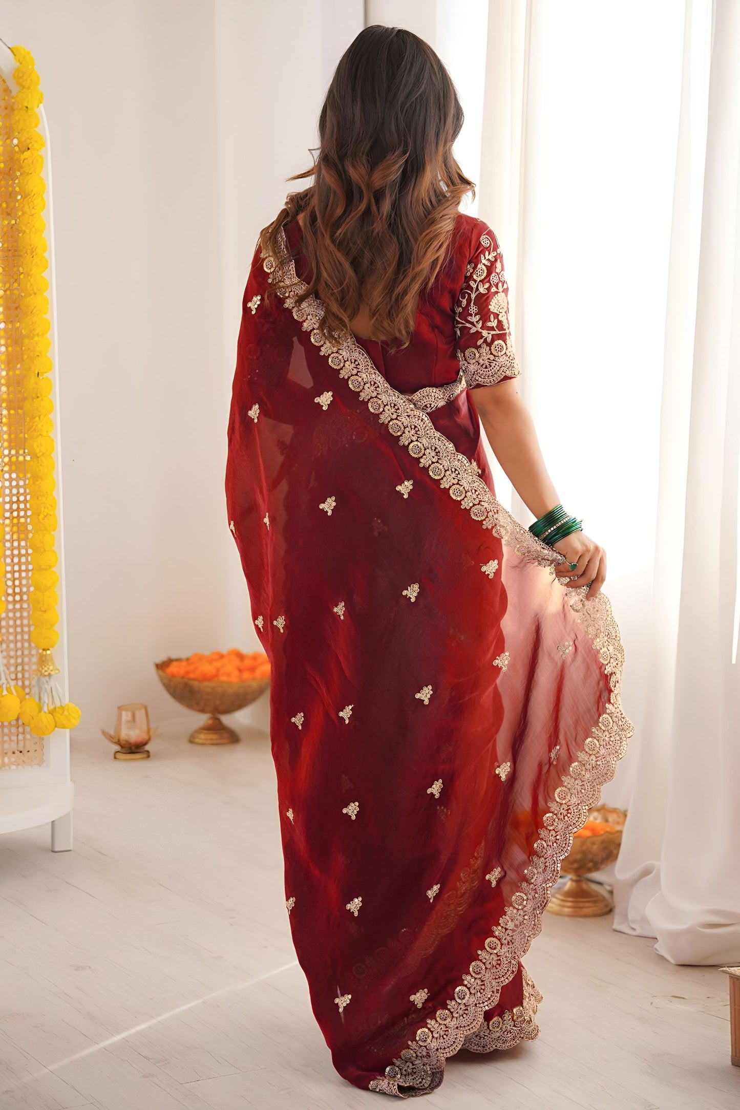 Wine Red Embroidered Saree Designer Border Festive Wear