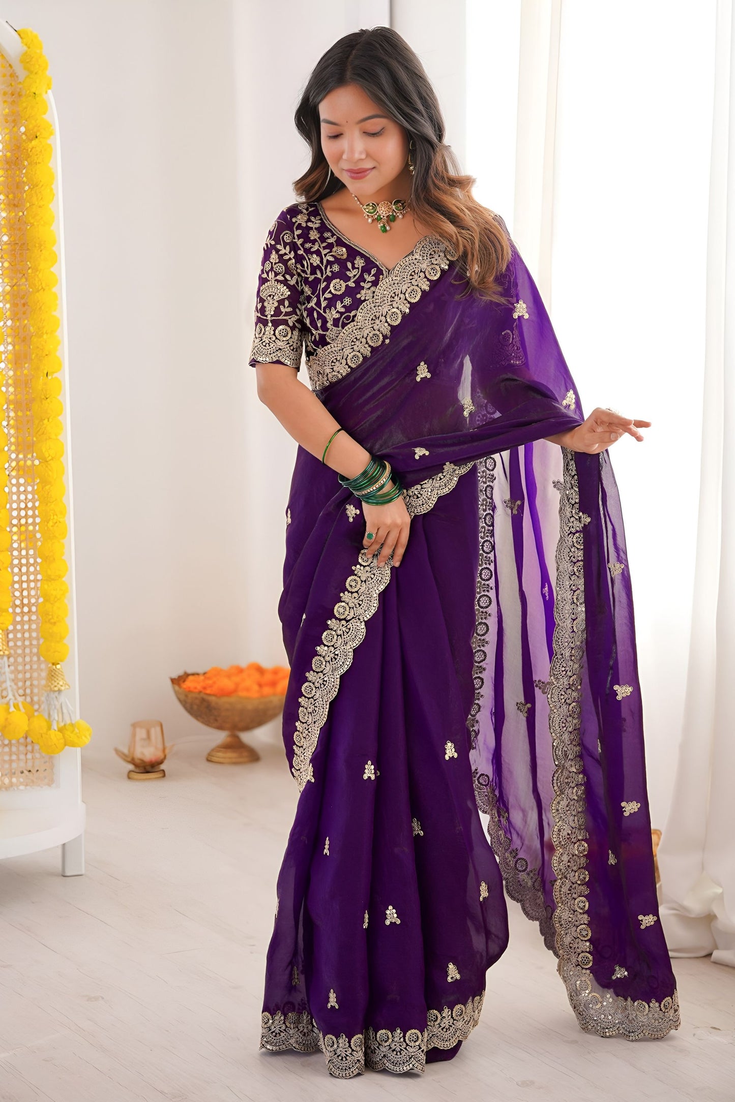 Purple Embroidered Saree with Designer Lace Border