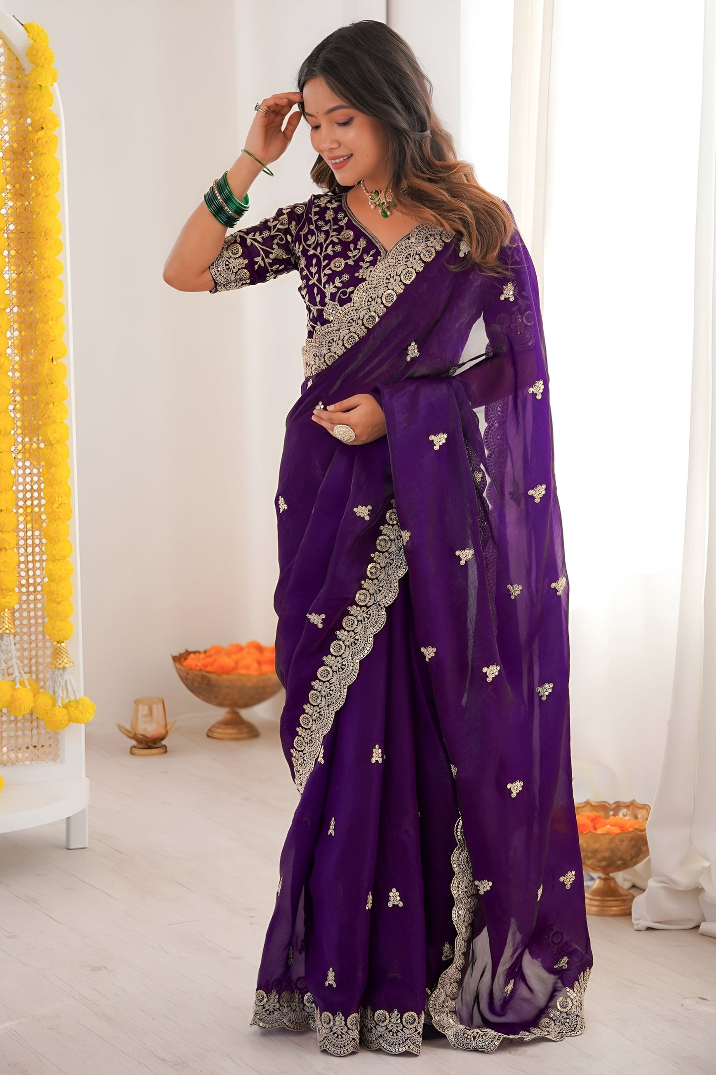 Purple Embroidered Saree with Designer Lace Border
