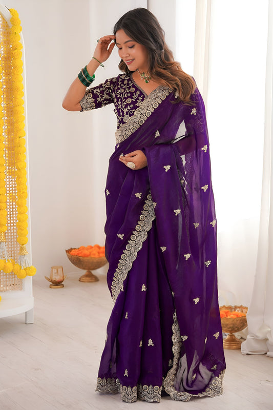 Purple Embroidered Saree with Designer Lace Border