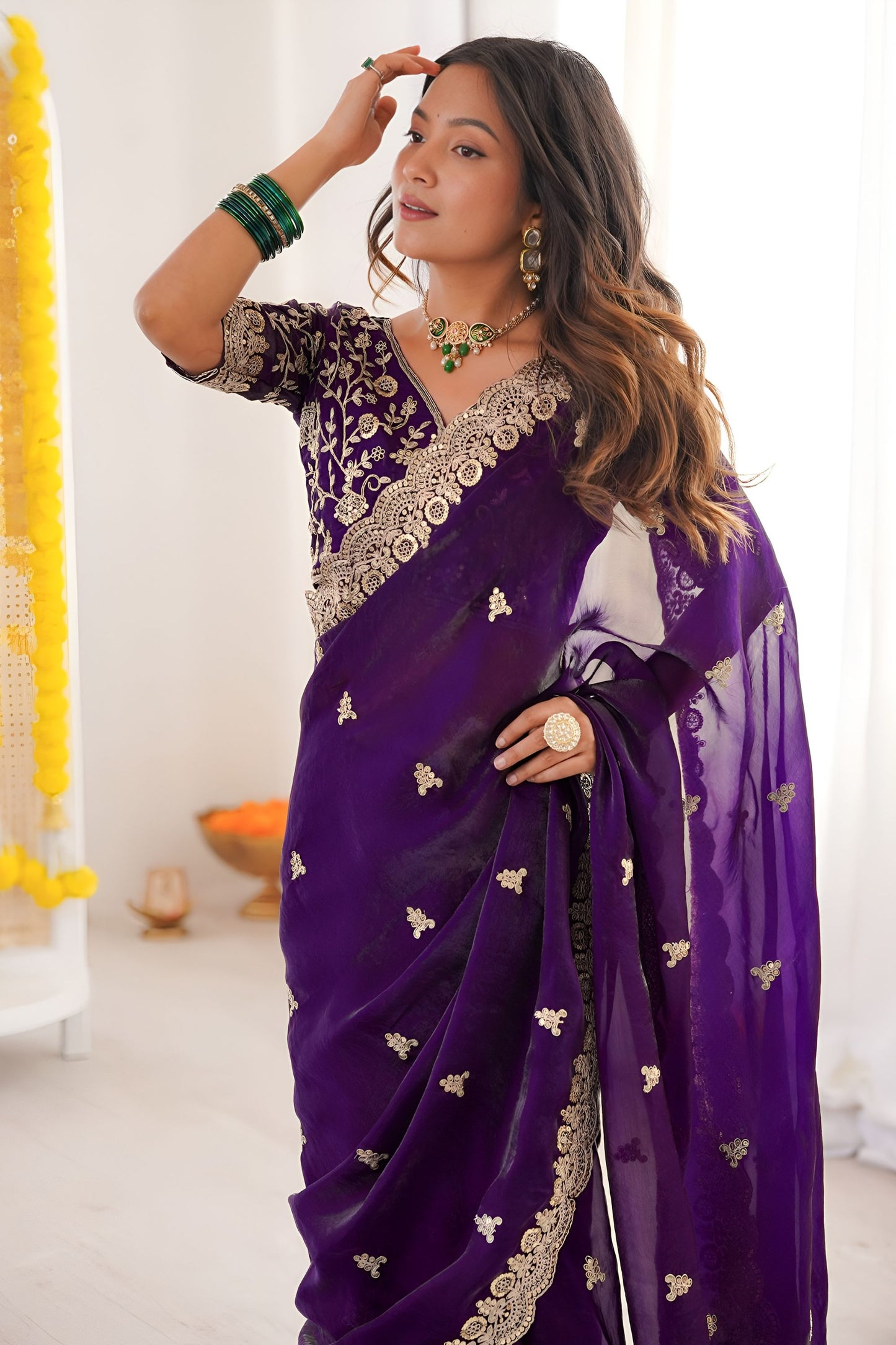 Purple Embroidered Saree with Designer Lace Border