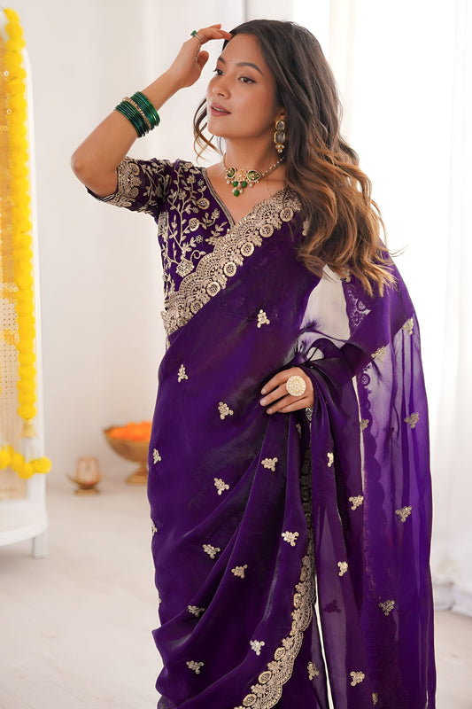 Purple Embroidered Saree with Designer Lace Border
