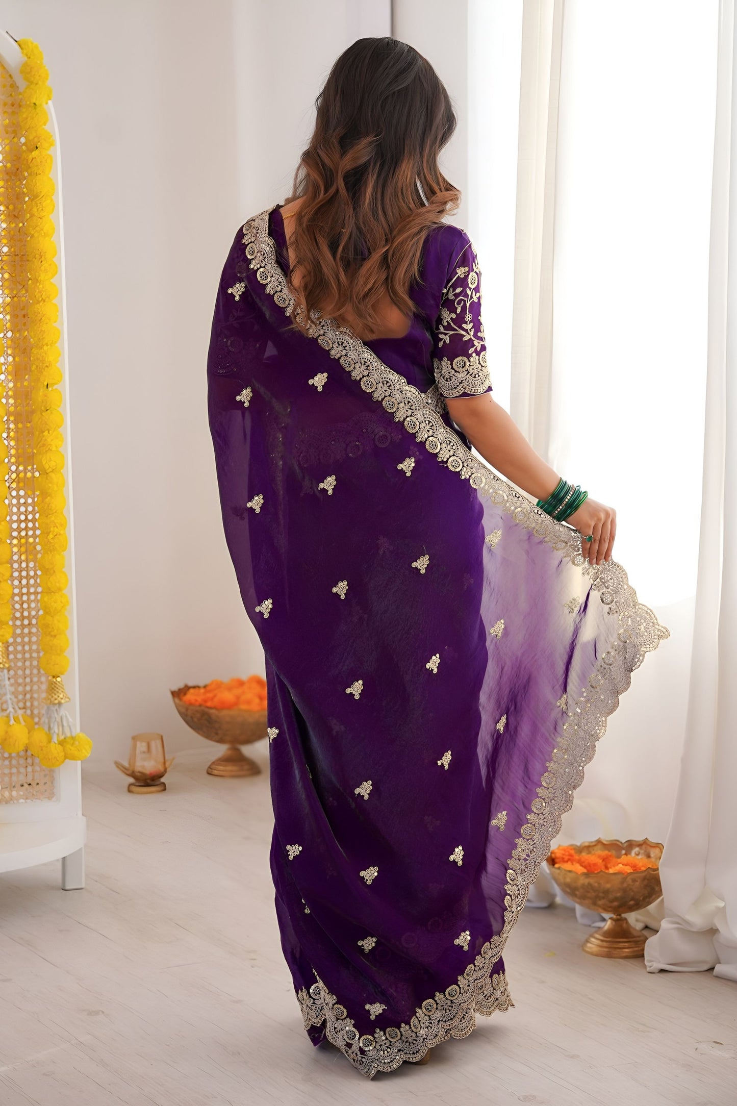 Purple Embroidered Saree with Designer Lace Border