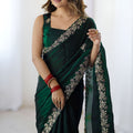 Dark Green Embroidered Saree Designer Border Festive Wear