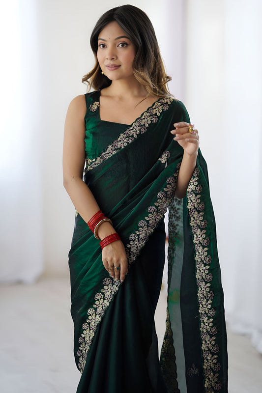 Dark Green Embroidered Saree Designer Border Festive Wear
