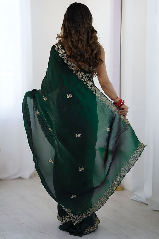 Dark Green Embroidered Saree Designer Border Festive Wear