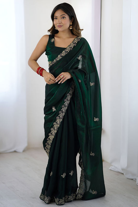 Dark Green Embroidered Saree Designer Border Festive Wear