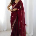Maroon Embroidered Saree Designer Border Festive Wear