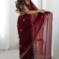 Maroon Embroidered Saree Designer Border Festive Wear